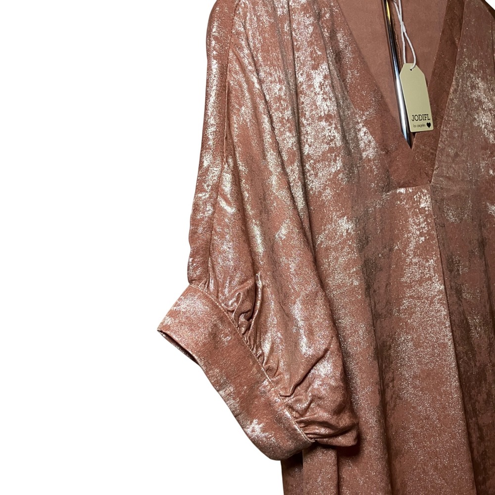 Jodifl Metallic Shimmer Blouse Small/Large Caramel Gold New V-Neck Cuffed Sleeve - Picture 4 of 8